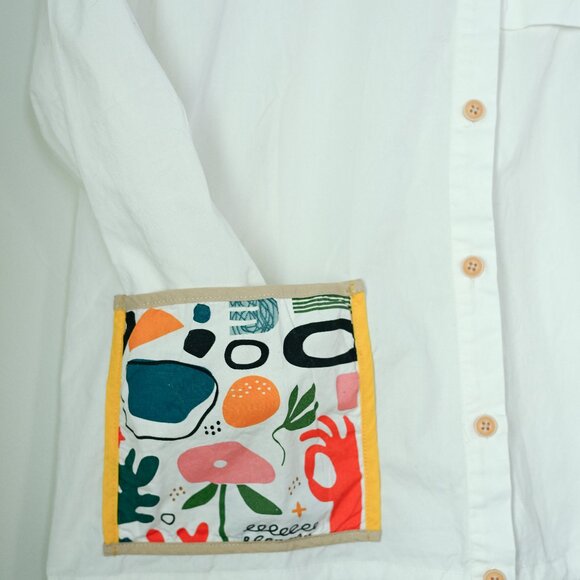 White Collared Button Down Shirt: Embroidery/Upcycled Pockets/Details - Picture 9 of 11